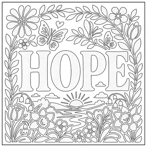 The word HOPE lettered inside butterflies over a wildflower meadow — free printable monochrome coloring page