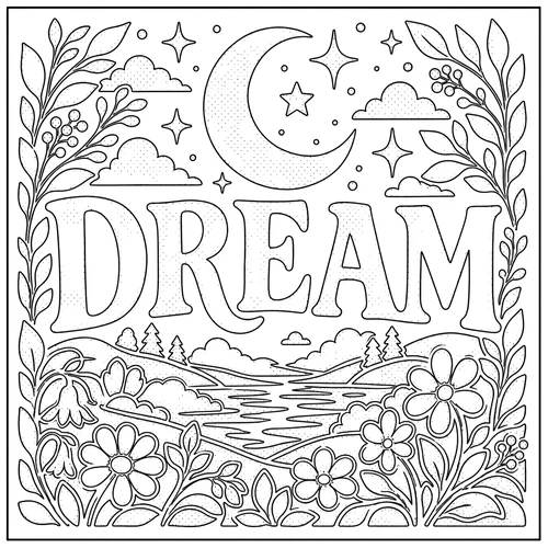 The word DREAM lettered inside a crescent moon, stars and sleeping hills — free printable monochrome coloring page