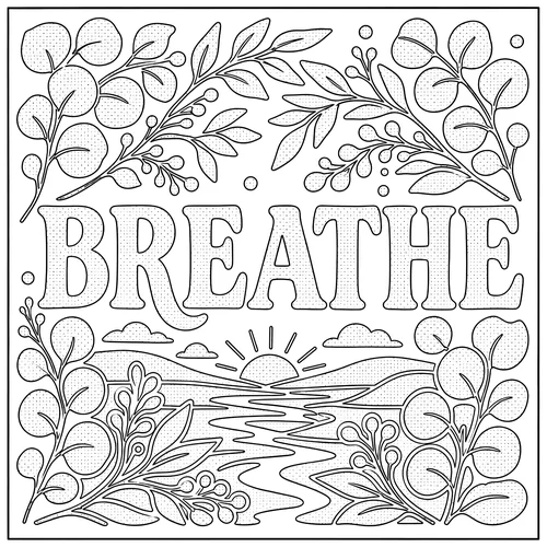 The word BREATHE lettered inside a still river winding between reeds — free printable monochrome coloring page