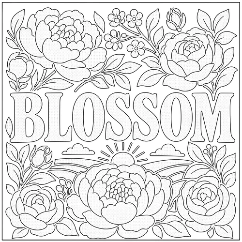 The word BLOSSOM lettered inside layered peonies and garden roses — free printable monochrome coloring page