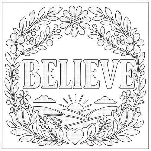 The word BELIEVE lettered inside a daisy wreath around a sunlit valley — free printable monochrome coloring page