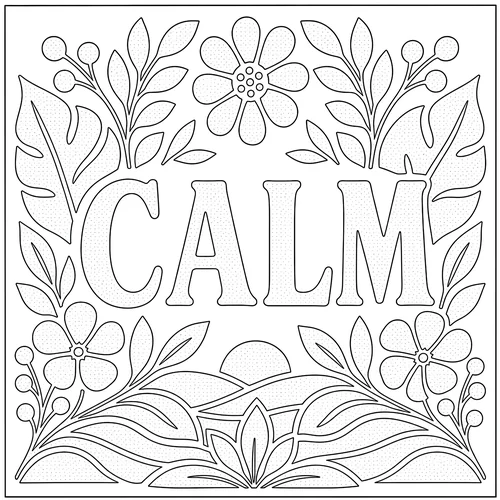 The word CALM lettered inside a flowered horizon — free printable monochrome coloring page