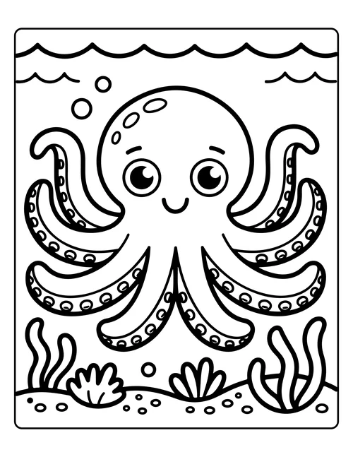 A smiling octopus among seaweed — free printable monochrome coloring page