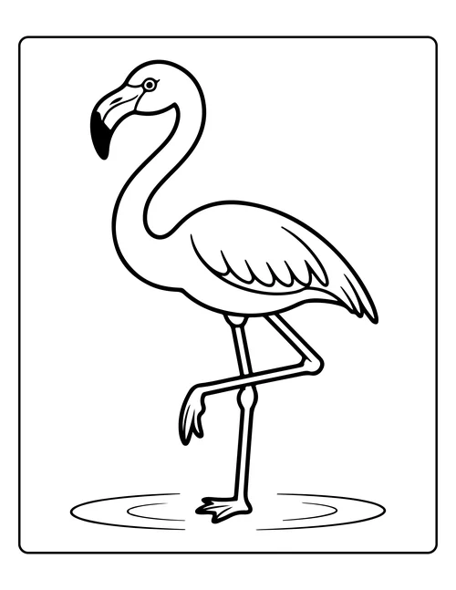 A flamingo standing in shallow water — free printable monochrome summer coloring page