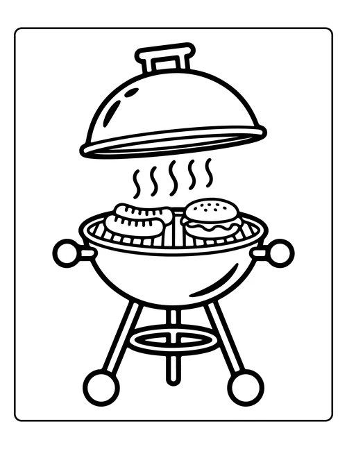A barbecue grill with burgers — free printable monochrome summer coloring page