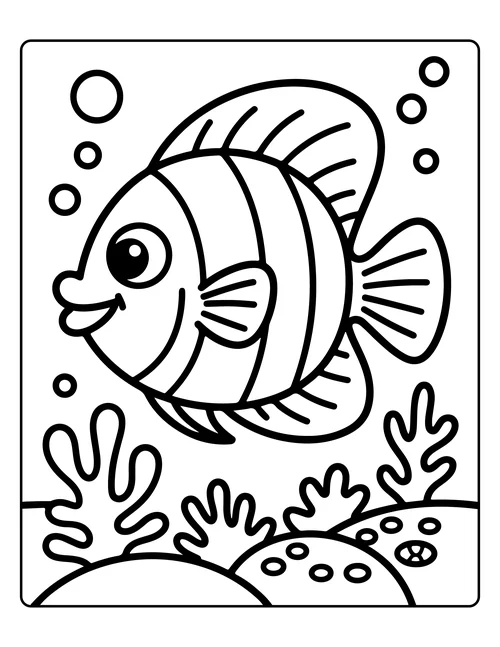 A striped fish above coral — free printable monochrome summer coloring page