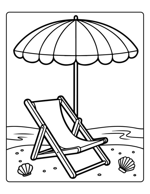 A beach umbrella and folding lounger — free printable monochrome summer coloring page