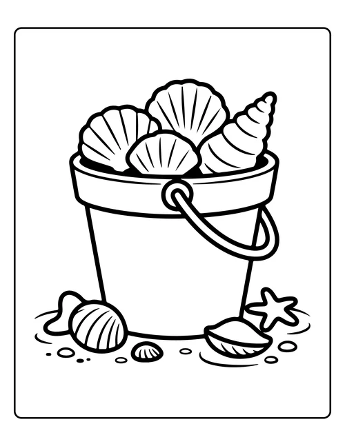 A bucket filled with shells — free printable monochrome summer coloring page