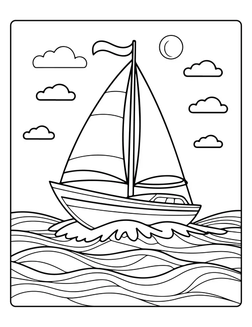 A sailboat on open water — free printable monochrome summer coloring page