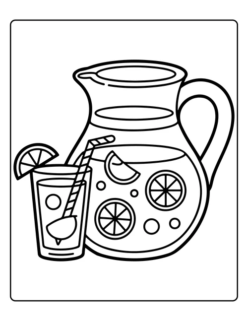 A lemonade pitcher and filled glass — free printable monochrome summer coloring page