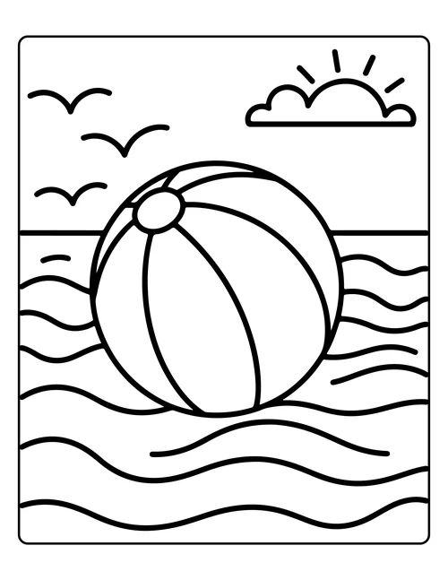 A beach ball floating on the sea — free printable monochrome summer coloring page