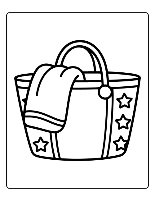A beach tote with a rolled towel — free printable monochrome summer coloring page