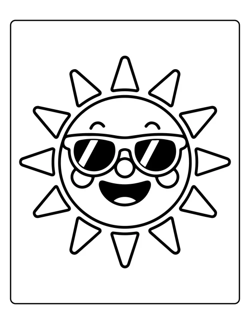 A sun in sunglasses with a wide grin — free printable monochrome summer coloring page