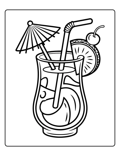 A tall cocktail with a paper umbrella — free printable monochrome summer coloring page