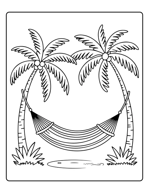 A hammock slung between two palms — free printable monochrome summer coloring page