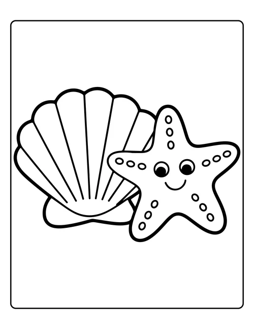 A scallop shell beside a starfish — free printable monochrome summer coloring page