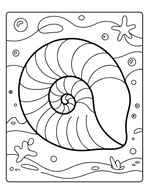 A spiral seashell on the shoreline — free printable monochrome summer coloring page