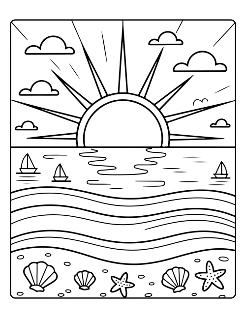 A sunset over the sea with distant boats — free printable monochrome summer coloring page