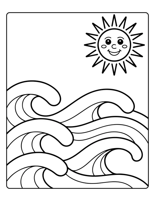 A cheerful sun above rolling waves — free printable monochrome summer coloring page