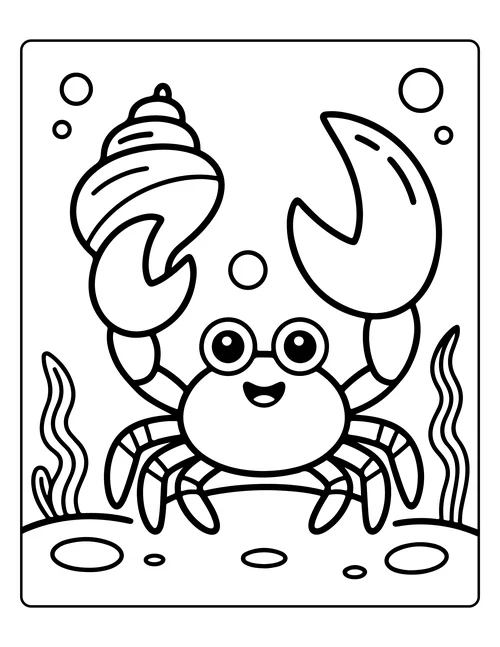 A crab beside a spiral shell — free printable monochrome summer coloring page