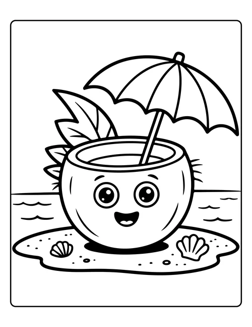 A coconut drink with a paper umbrella — free printable monochrome summer coloring page