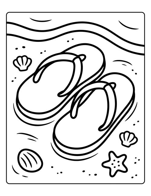 Flip-flops resting among shells — free printable monochrome summer coloring page