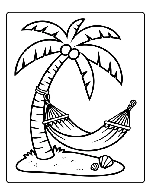 A hammock under a leaning palm — free printable monochrome summer coloring page