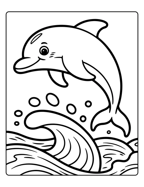 A dolphin leaping over a wave — free printable monochrome summer coloring page