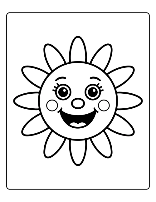 A smiling flower-petalled sun — free printable monochrome summer coloring page