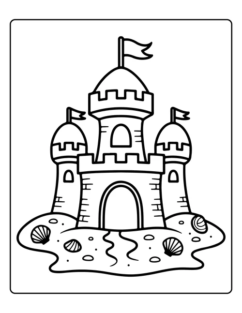 A sandcastle with three towers — free printable monochrome summer coloring page