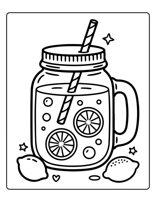 A mason jar of lemonade with lemon slices — free printable monochrome summer coloring page