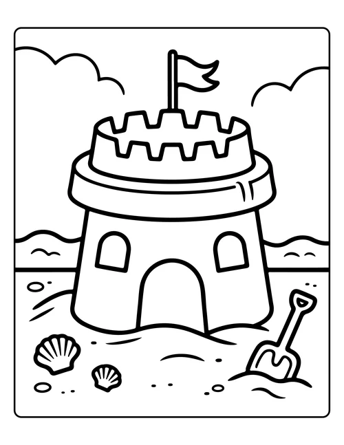 A sandcastle with a flag and spade — free printable monochrome summer coloring page