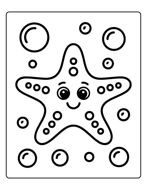 A smiling starfish surrounded by bubbles — free printable monochrome summer coloring page