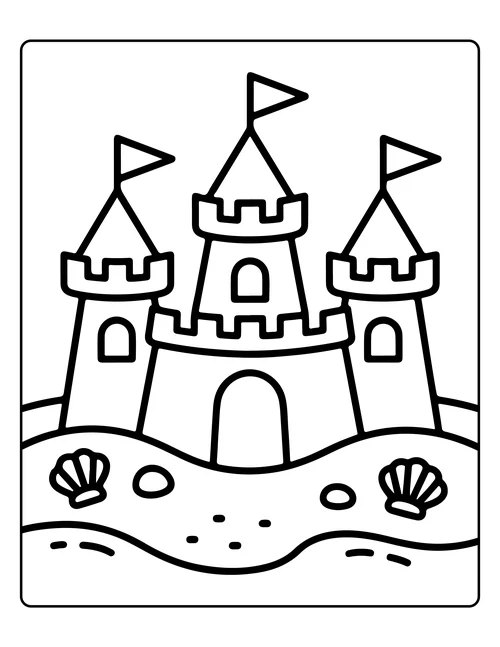 A large sandcastle with pennants — free printable monochrome summer coloring page