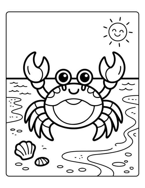 A crab on the beach beneath the sun — free printable monochrome summer coloring page