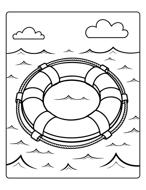 A life ring floating on water — free printable monochrome summer coloring page