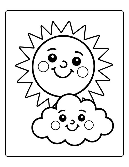A smiling sun beside a happy cloud — free printable monochrome summer coloring page