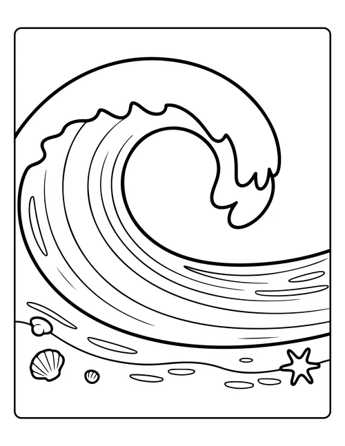 A breaking wave over shells — free printable monochrome summer coloring page