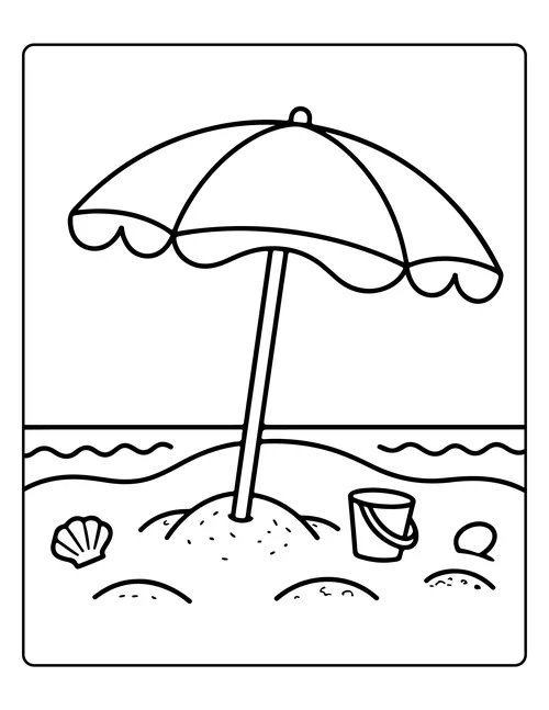 A beach umbrella with a bucket and spade — free printable monochrome summer coloring page