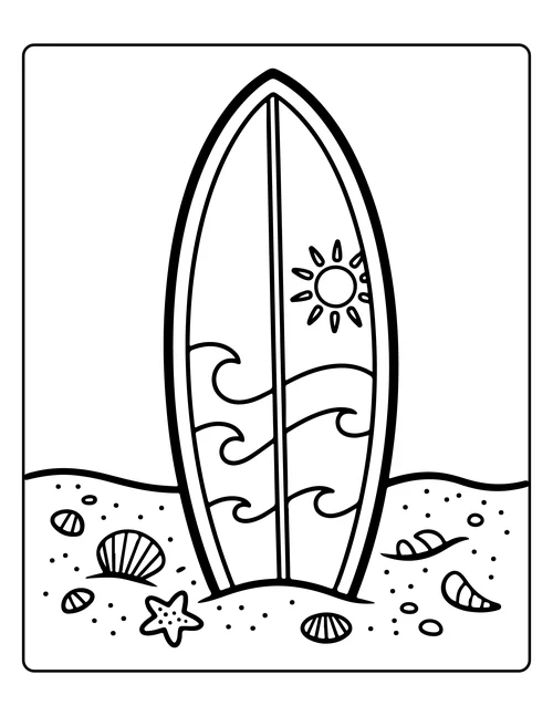 A surfboard upright in the sand — free printable monochrome summer coloring page