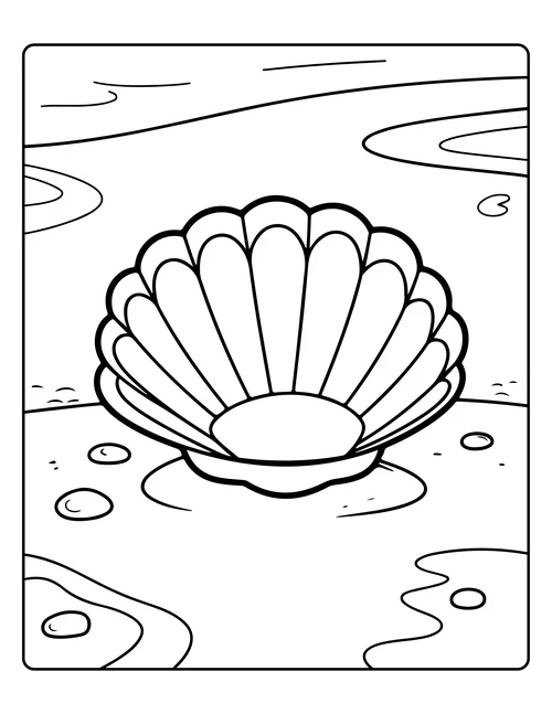 A scallop shell on wet sand — free printable monochrome summer coloring page