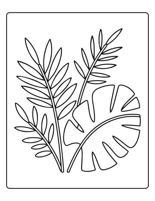 Overlapping tropical leaves — free printable monochrome summer coloring page