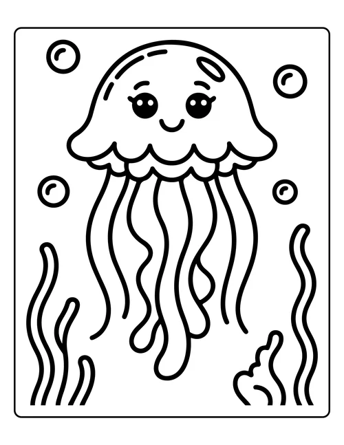 A jellyfish with trailing tentacles — free printable monochrome summer coloring page
