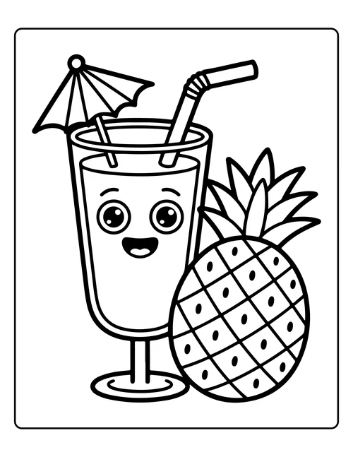 A pineapple beside a tall cold drink — free printable monochrome summer coloring page