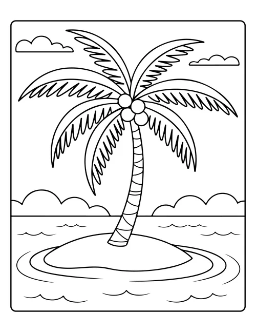 A palm tree on a tiny island — free printable monochrome summer coloring page