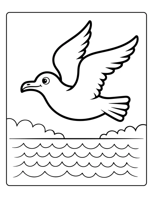 A seagull gliding over waves — free printable monochrome summer coloring page