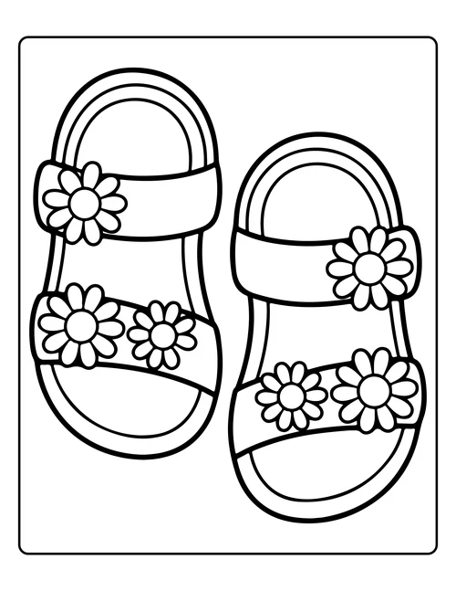 Sandals decorated with flowers — free printable monochrome summer coloring page