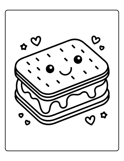 An ice cream sandwich with a face — free printable monochrome summer coloring page