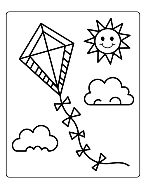 A diamond kite beside a smiling sun — free printable monochrome summer coloring page