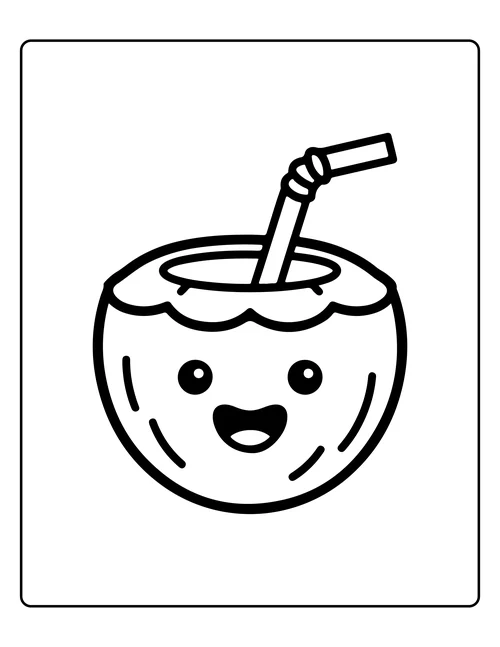 A coconut drink with a smiling face — free printable monochrome summer coloring page
